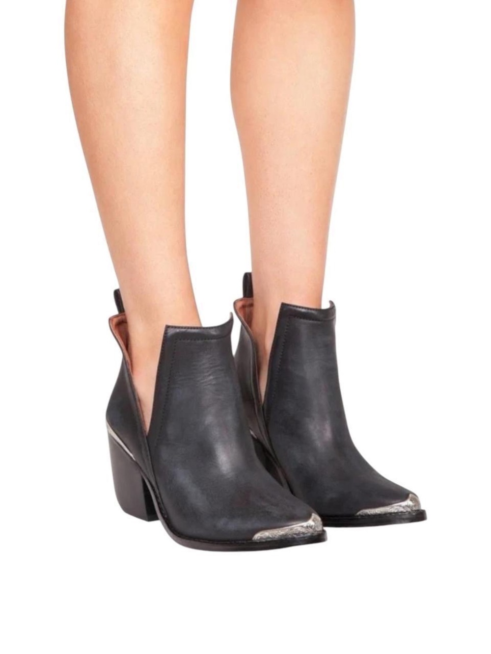 Jeffrey Campbell Black Leather Ankle Booties with Metallic Toe